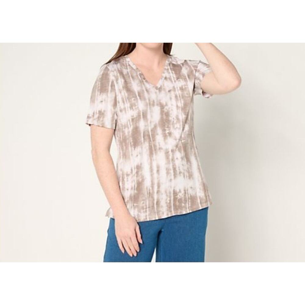 Denim & Co Size XL Taupe White Beach Jersey Short Sleeve Top A681963 NWOT